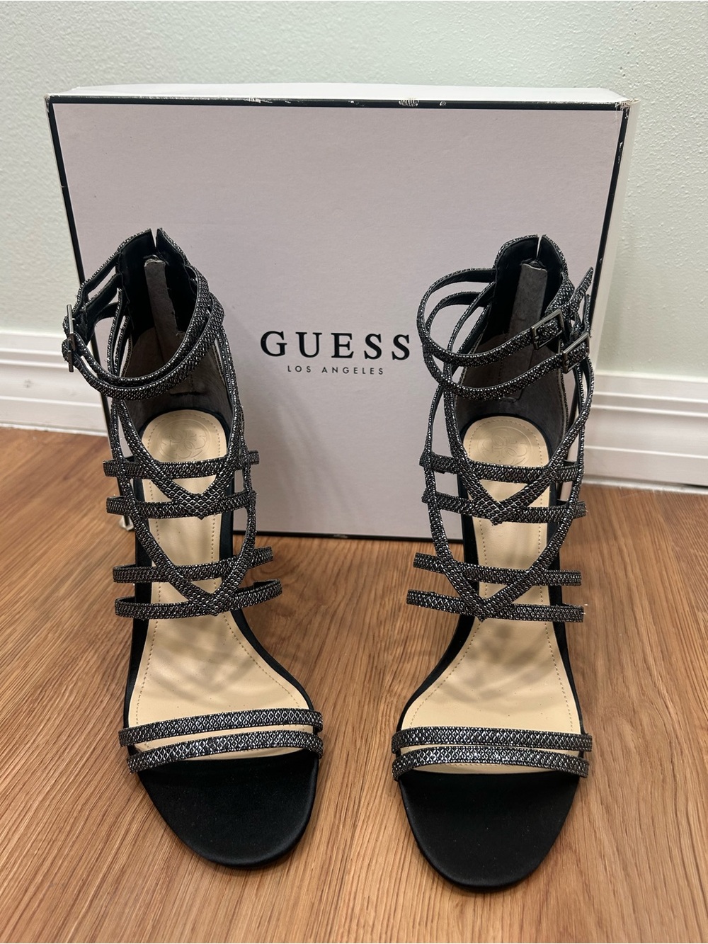GUESS Black Strappy Rhinestone High Heel Sandals